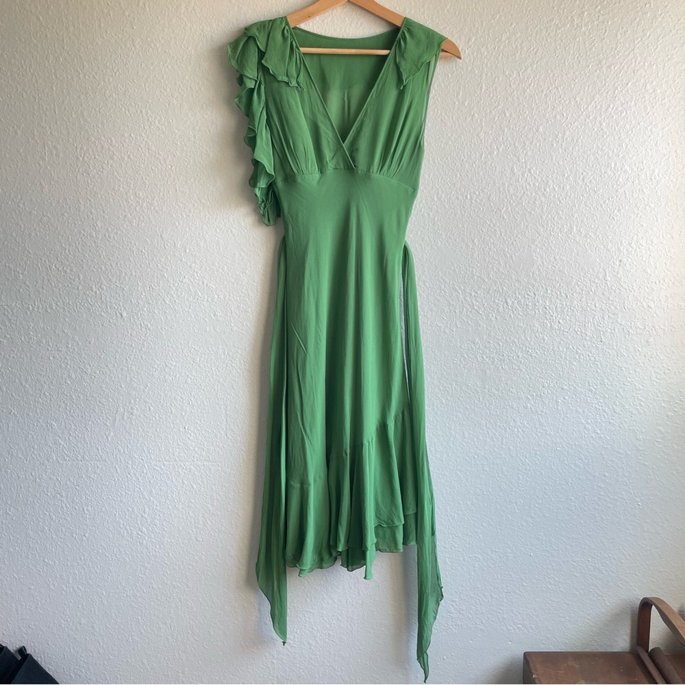 BCBGMaxAzria Silk Green Asymmetrical Ruffle Midi Dress